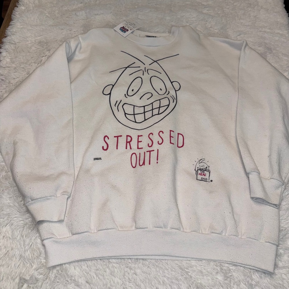 Tultex Sweatshirt Mens XL White Excellent Stressed Out Graphic Vintage Crewneck